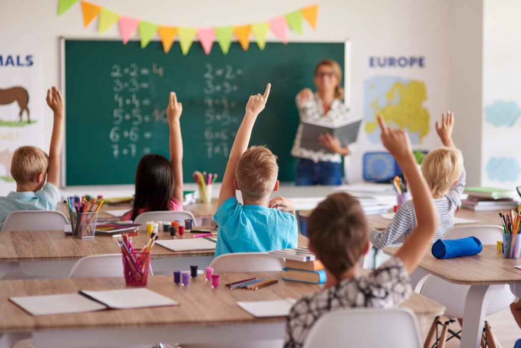 School cleaning and student in classroom