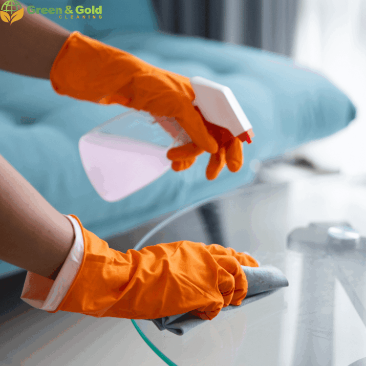 Close-up of a person's hand wearing orange rubber gloves, cleaning a glass table with a grey cloth and spraying a pink cleaning solution from a white spray bottle, with a blurred sofa in the background.
